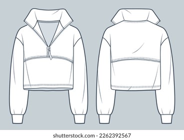 Sweatshirt technical fashion illustration. Roll Neck cropped Sweatshirt fashion flat technical drawing template, zip-up, raw, oversized, front and back view, white, women, men, unisex CAD mockup.