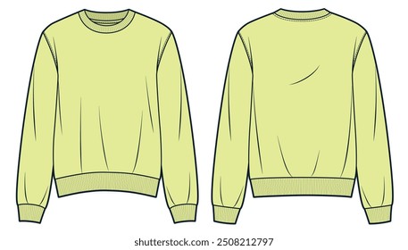 Sweatshirt technical fashion illustration. Sweater fashion flat technical drawing template, relaxed fit, front and back view, white, yellow, women, men, unisex Top CAD mockup.