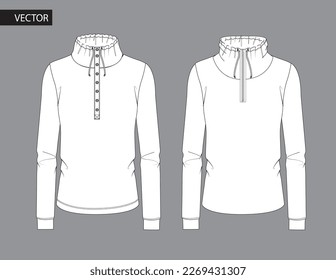 Sweatshirt technical fashion illustration.Sweatshirt fashion flat technical drawing template, pocket, front and back view, white color, women, men, unisex CAD mockup set.