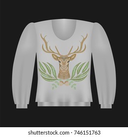 Sweatshirt template with deer, floral embroidery, fashion embroidered patch. Vintage design elements.