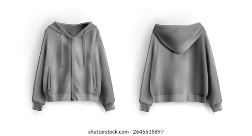 Sweatshirt with zipper mockup hoodie template. Front and back view hoodie clothing mockup. Vector realistic illustration