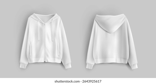 Sweatshirt with zipper mockup white hoodie template. Front and back view hoodie clothing mockup. Vector realistic illustration