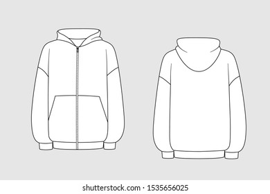 Sweatshirt with zipper vector template isolated on grey background. Unisex, male, female model. Front and back view. Outline fashion technical sketch of clothes model.