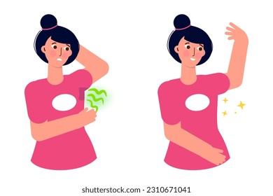 Sweaty armpits Hyperthyroidism sweating concept.  Armpit problem and body hygiene. Vector illustration.