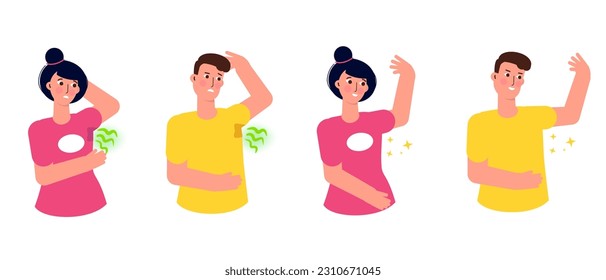 Sweaty armpits Hyperthyroidism sweating concept.  Armpit problem and body hygiene. Vector illustration.