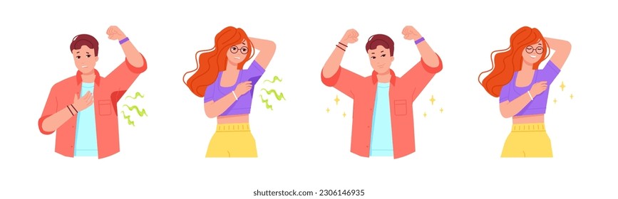 Sweaty armpits. Wet smelly armpit problem and clean underarm body hygiene care, sweat stain on clothing with bad odor or deodorant scent, hyperhidrosis concept vector illustration of smelly armpit svg