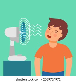 Sweaty boy child with electric fan blowing in flat design. Kids exhausted of hot summer day. Tired children need wind blow.