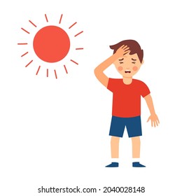 Sweaty boy child suffering from hot weather strong sunlight in flat design. Nausea and dizziness symptom. Hot summer day.