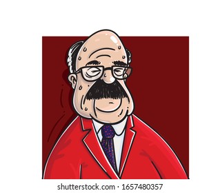 sweaty fat man in red jacket