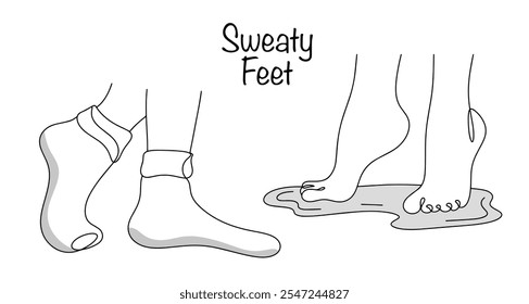 Sweaty Feet. Increased sweating, which often cannot be explained by any objective reasons. The sweat has an unpleasant odor. Drawn legs with excessive sweating. Vector illustration.