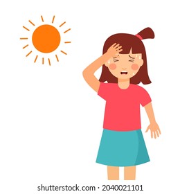 Sweaty girl child suffering from hot weather strong sunlight in flat design. Nausea and dizziness symptom. Hot summer day.