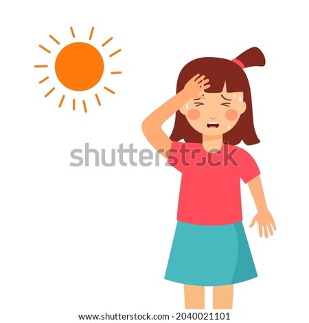 Sweaty girl child suffering from hot weather strong sunlight in flat design. Nausea and dizziness symptom. Hot summer day.