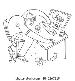 Sweaty guy sitting hunched over on a chair, sketch. Dirty programmer workaholic, vector illustration