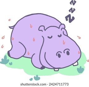 A Sweaty Hippo Sleeps Lazy Day in the Sun Vector.This illustration is perfect for children's books, educational materials, or any project aiming to add a touch of humor and whimsy.