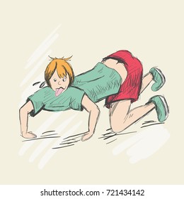 The sweaty man crawls on all fours with his tongue hanging out. The tired boy descends on all fours down the slope. A teenager is wearing a T-shirt and shorts, blonde hair. Sketch style