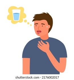 Sweaty man feel thirsty in flat design. Kids want to drink water.