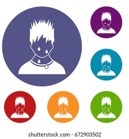 Sweaty man icons set in flat circle reb, blue and green color for web