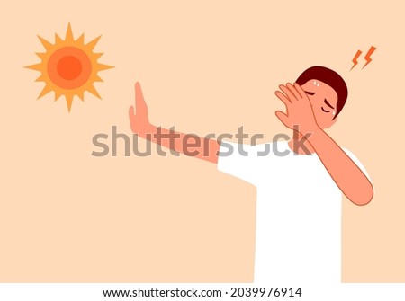 Sweaty man suffering from hot weather strong sunlight in flat design. Headache from heatstroke. Hot summer day.