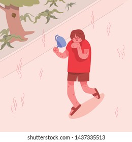 A sweaty man walking down the street in the hot summer days. Hand drawn vector illustration EPS10