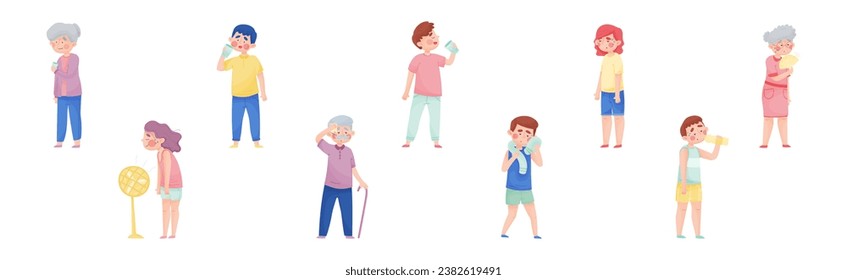 Sweaty People Characters Cooling Themselves with Drink and Fan in Hot Weather Vector Set