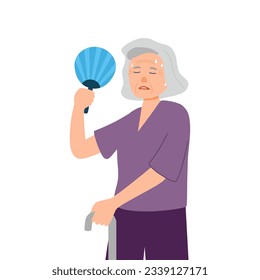 Sweaty senior holding hand fan in hot day in flat design on white background.