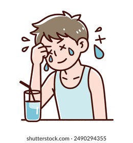 Sweaty And Thirsty Man Drinking Water Illustration. Man tired under heat of summer