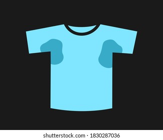 Sweaty t-shirt - wet clothes, garment and apparel after sweating. Stain and smudge in ampit area. Vector illustration isolated on black. 