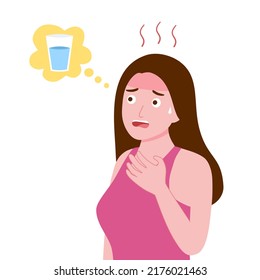 Sweaty woman feel thirsty in flat design. Female want to drink water.