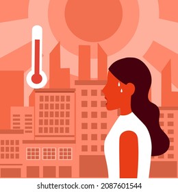 Sweaty Woman In Hot Climate City With Strong Sunlight And Thermometer In Flat Design. Hot Summer Day Concept.