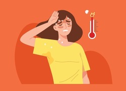 Sweaty Woman With Hot Thermometer. Concept Of Heat Stroke, Suffering From Heat Wave, Summer, Climate Change, Global Warming, Health. Flat Vector Illustration Character.