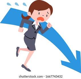 Sweaty young businesswoman running and arrow pointing down