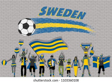 Swede football fans cheering with Sweden flag colors in front of soccer ball graffiti. All the objects are in different layers and the text types do not need any font. 