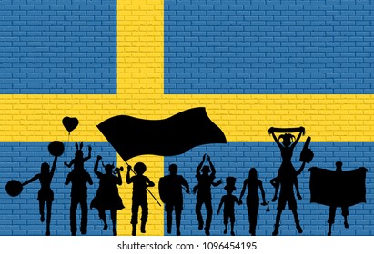 Swede supporter silhouette in front of brick wall with Sweden flag. All the objects, silhouettes and the brick wall are in different layers. 