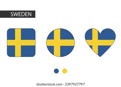 Sweden 3 shapes (square, circle, heart) with city flag. Isolated on white background.