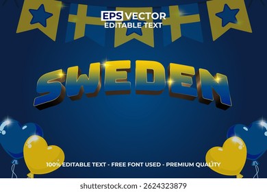 Sweden 3D Editable Text Effect Blue Yellow Flag Style with Garland and Shining Balloon.	