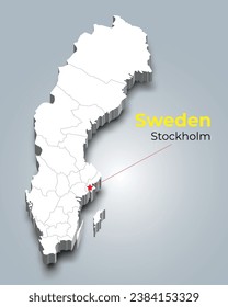 Sweden 3d map with borders of regions and it’s capital