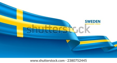 Sweden 3D ribbon flag. Bent waving 3D flag in colors of the Sweden national flag. National flag background design.