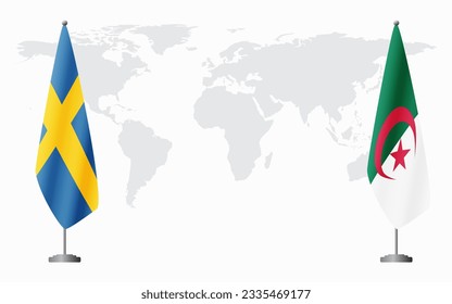 Sweden and Algeria flags for official meeting against background of world map.