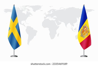 Sweden and Andorra flags for official meeting against background of world map.