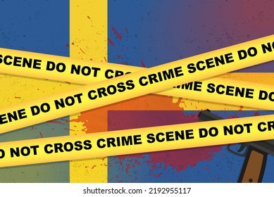 Sweden armed attack vector banner, shooting news concept, armed assault with gun and blood stain on Sweden flag, yellow police tape, crime scene composition, top view, flat design