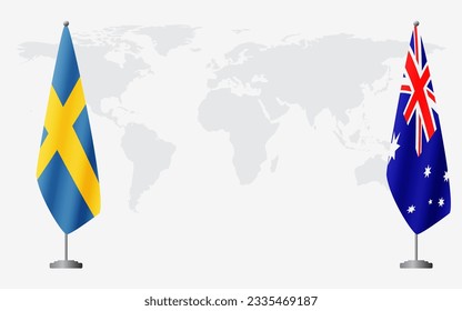 Sweden and Australia flags for official meeting against background of world map.