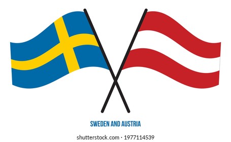 Sweden and Austria Flags Crossed And Waving Flat Style. Official Proportion. Correct Colors.