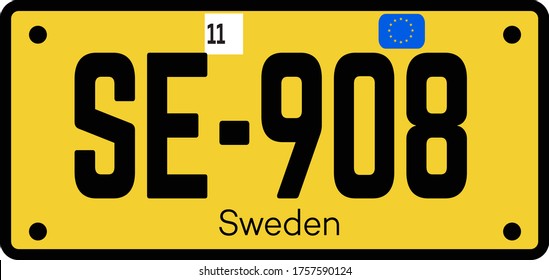 Sweden automobile license plate on white background. Country license plate series.