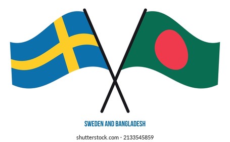 Sweden and Bangladesh Flags Crossed And Waving Flat Style. Official Proportion. Correct Colors.