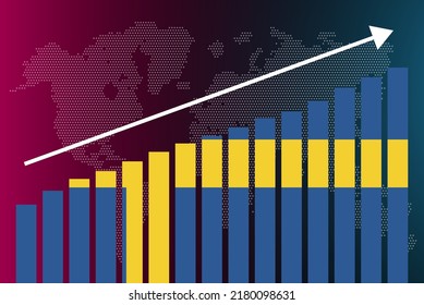 Sweden bar chart graph, increasing values, country statistics concept, Sweden country flag on bar graph, upward rising arrow on data, news banner idea