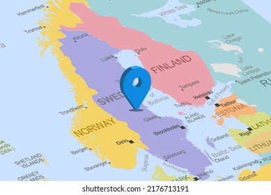 Sweden with blue placeholder pin on europe map, close up Sweden, colorful map with location icon, travel idea, vacation and road trip concept, pinned destination, top view