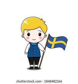 Sweden boy in national dress with flag. Vector illustration of chibi character isolated on white background.