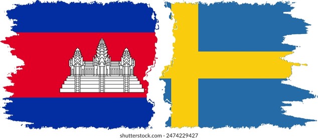 Sweden and Cambodia grunge flags connection, vector