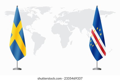 Sweden and Cape Verde flags for official meeting against background of world map.