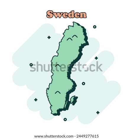 Sweden cartoon colored map icon in comic style. Country sign illustration pictogram. Nation geography splash business concept.